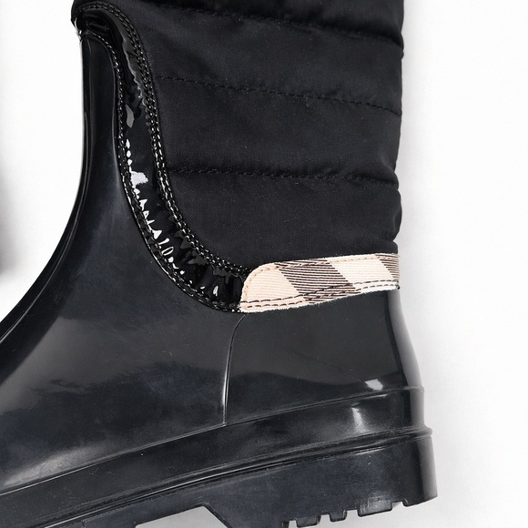 Burberry Shoes - Burberry Black Quilted Mid-Calf Rain Boot with Beige Check Trim